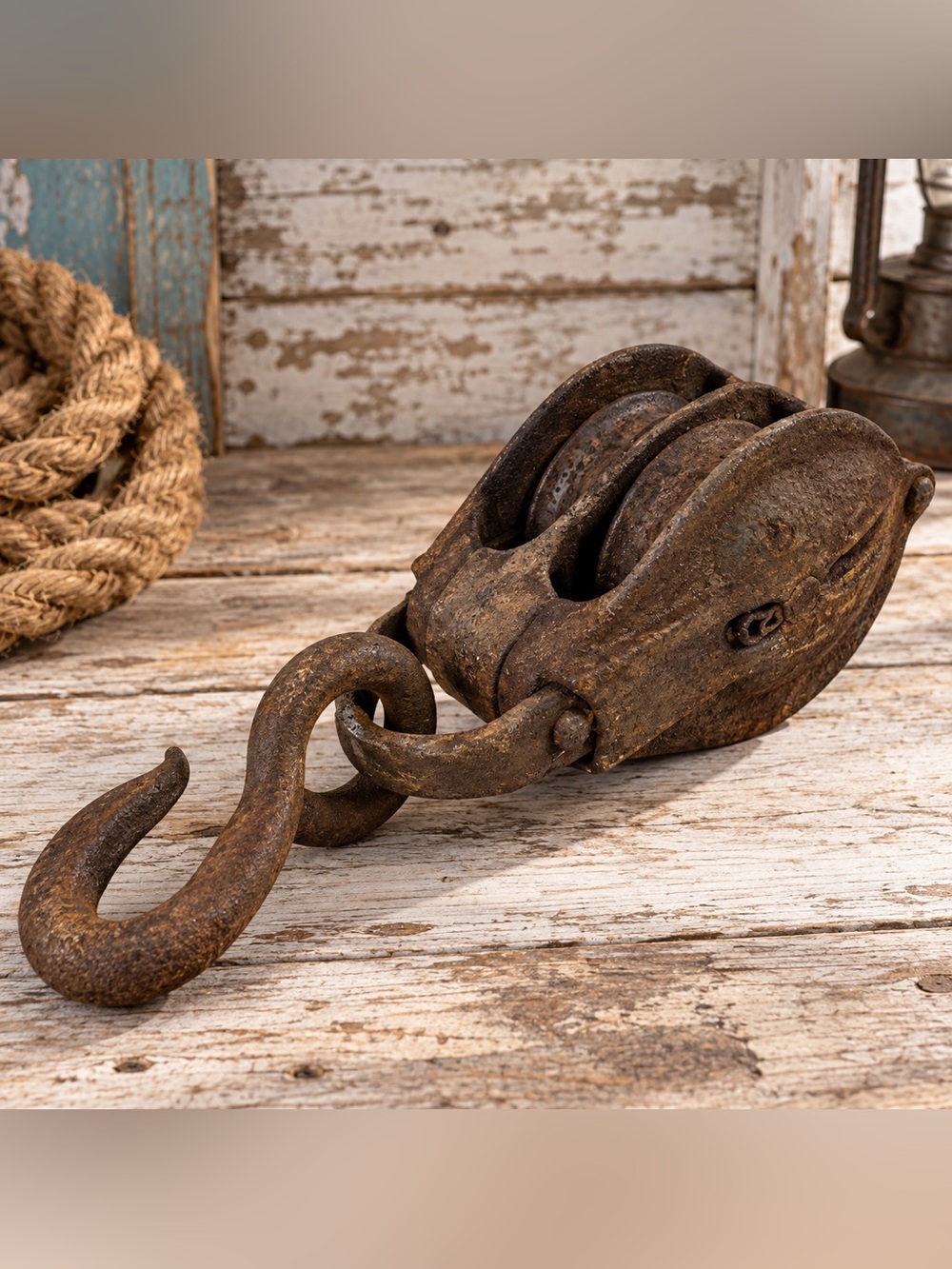 Vintage Double Sheave Iron Pulley Block with Hook 8.5" Industrial Nautical Decor
